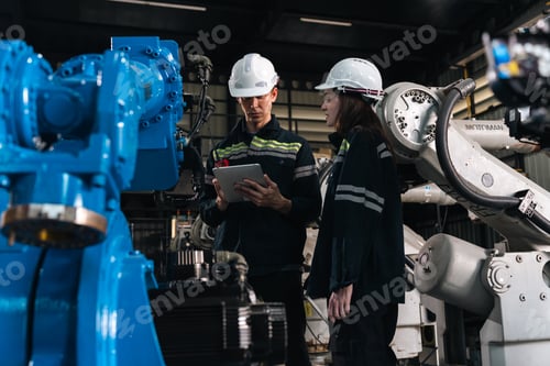 Preview: Industrial engineer and technician inspecting robot machine
