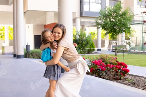 Preview: Mother and daughter embracing happily on school day