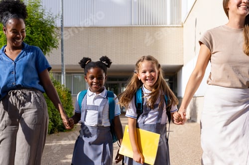 Preview: Diverse schoolgirls holding hands with mothers walking to school