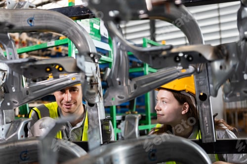 Preview: Industrial engineers inspecting production line in factory warehouse. Manufacturing team discussing