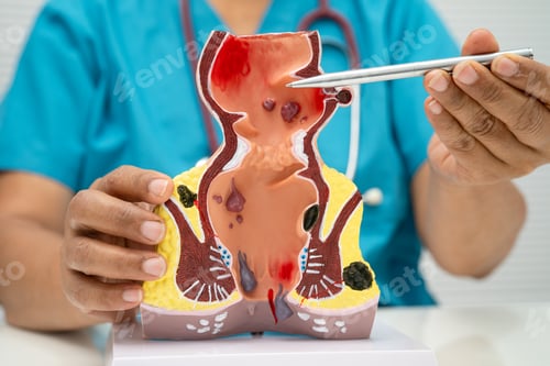 Preview: Asian doctor with rectum and hemorrhoid human anatomy model at hospital, inflamed vascular structure