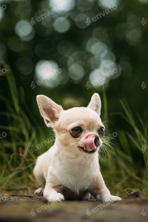 Preview: Cream Chihuahua with Tongue Out - Cheerful Portrait in Nature with Grass and Bokeh
