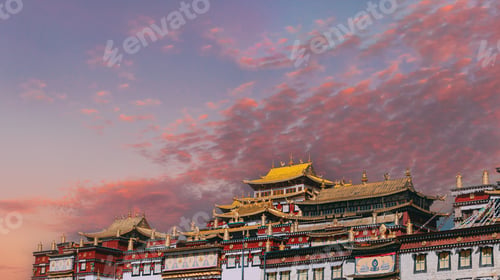 Preview: Songzanlin Monastery at sunset with golden light, Shangri-La, Tibet, China