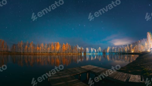 Preview: Autumn Night Lake with Starry Sky and Wooden Pier