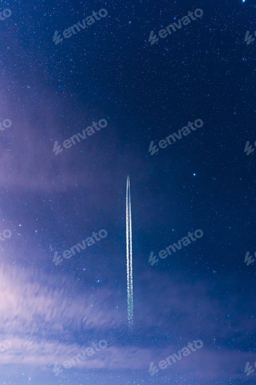 Preview: Contrail In Blue Sky. Aircraft Plane Clear Sunny Background