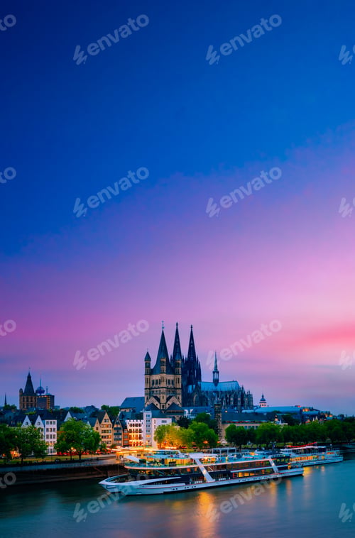 Preview: Great St. Martin Church And Dom In Cologne At Evening With Reflection River Rhine, Germany. Suns...