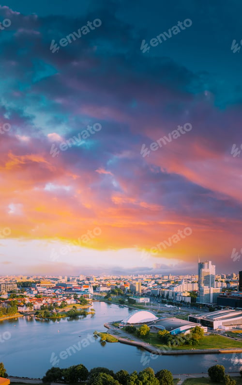 Preview: Minsk, Belarus. Cityscape of Summer season, sunset time. Nemiga district