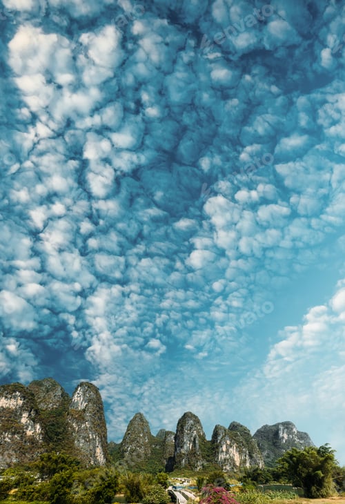 Preview: Karst Mountains Guilin Landscape. Scenic Yangshuo Park with Limestone Peaks and Blue Sky