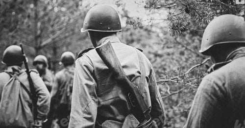 Preview: Black-and-White Soldiers Marching Through Dense Forest