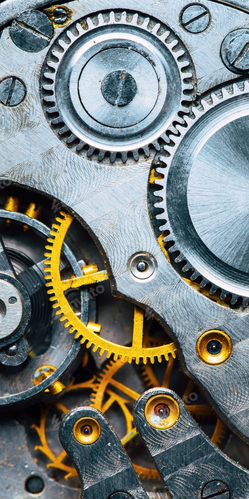 Preview: Close-Up Of Old Clock Watch Mechanism. Retro Clockwork With Gearwheels Gears. Vintage Movement M...