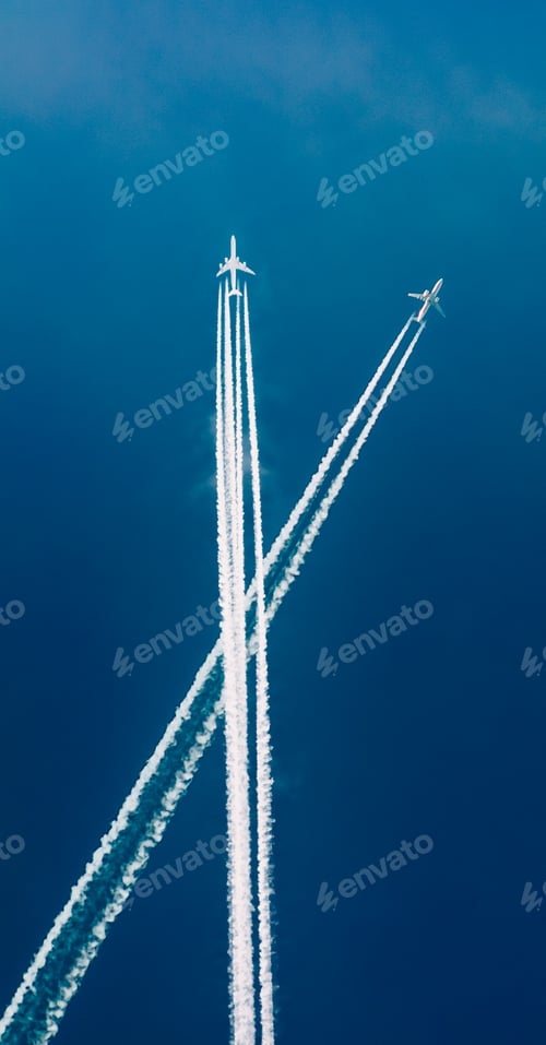 Preview: Two Planes Cross Each Other's Trajectories. Concept Of Travel. Flying Airplane On Sky Background Sof