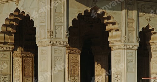 Preview: Red Fort Mughal arches and marble columns with dramatic shadow light contrast architectural detail