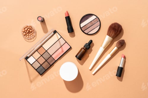 Preview: Make up products. Shadow palette with brushes, lipstick, cream and others.