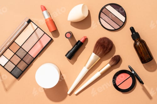 Preview: Make up products. Shadow palette with brushes, lipstick, cream and others.