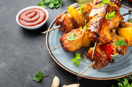 Preview: Grilled shish kebab, Grilled meat skewers with vegetables and herbs on black background.