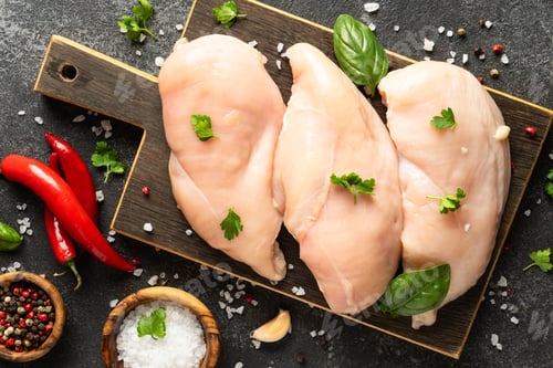 Preview: Fresh Raw Chicken Breast on a Wooden Cutting Board With Spices