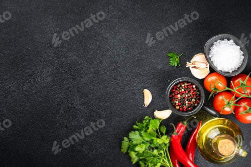 Preview: Fresh Culinary Ingredients Arranged on a Textured Dark Background