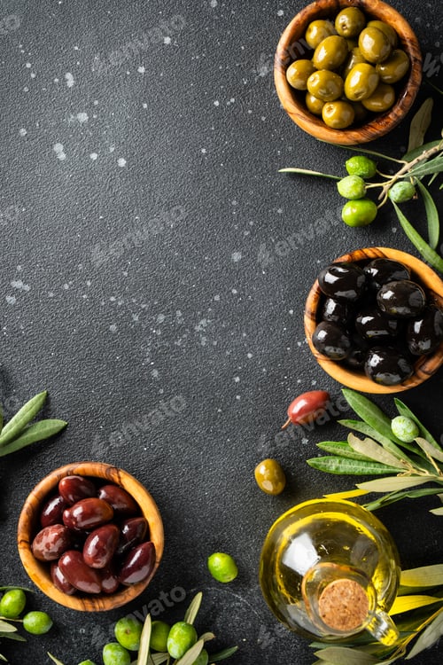 Preview: Assorted Olives and Olive Oil on Dark Textured Surface