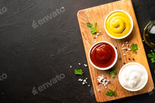 Preview: Ketchup, mayonnaise and mustard in the bowls on black background.