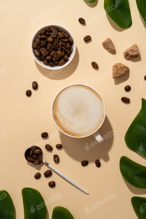 Preview: Coffee cup cappuccino foam at colored background with hard shadow.