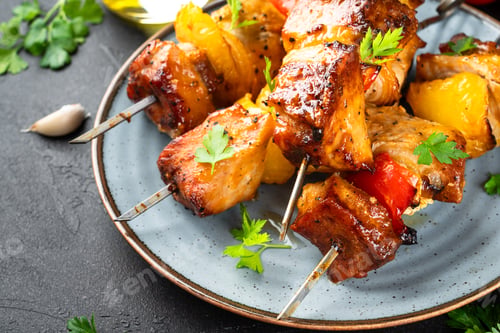 Preview: Grilled shish kebab, Grilled meat skewers with vegetables and herbs on black background.