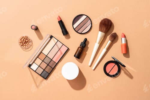 Preview: Make up products. Shadow palette with brushes, lipstick, cream and others.