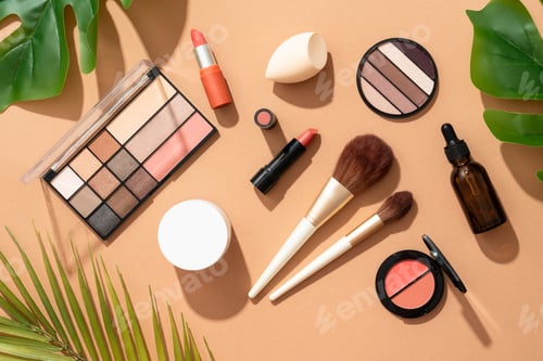 Preview: Make up products. Shadow palette with brushes, lipstick, cream and others.