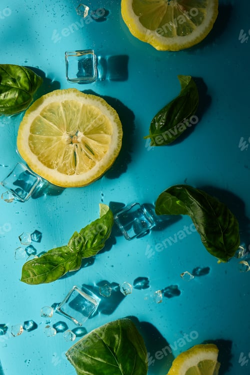 Preview: Fresh lemon slices with basil and ice cubes on a vibrant blue surface create a refreshing summer amb