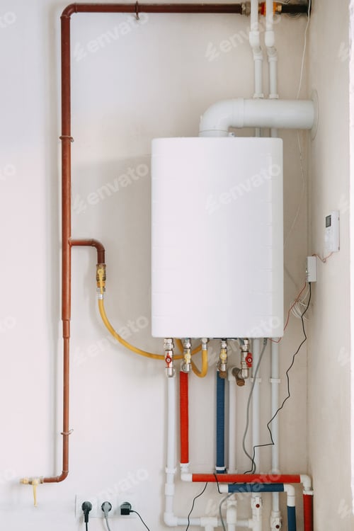 Preview: Installation of a gas boiler with colored pipes equipped with valves and connectors for efficient su