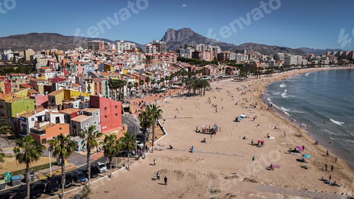 Preview: Drone shot of Villajoyosa coastline and colorful houses