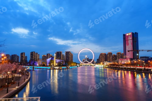 Preview: Stunning Twilight Cityscape with Giant Ferris Wheel "Tianjin Eye" Reflecting on River at Tianjin, Ch