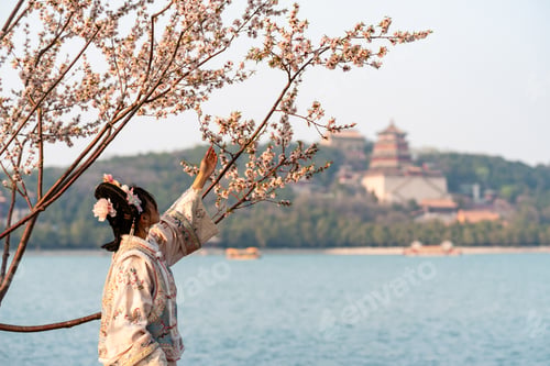 Preview: A woman in traditional Chinese dress touching a flowering cherry blossom branch on the shore of Kunm