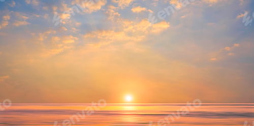 Preview: Sunrise Sky over Sea in the Morning with Golden Sunshine and Sun on Orange Panoramic sky