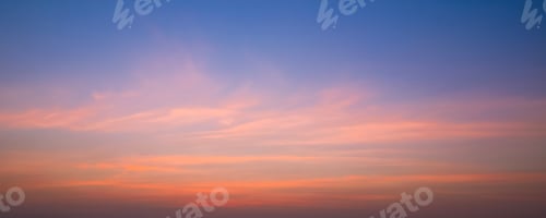 Preview: Evening Sky Panoramic Background with Orange and Pink Soft Clouds on Blue Nature Sunset Sky