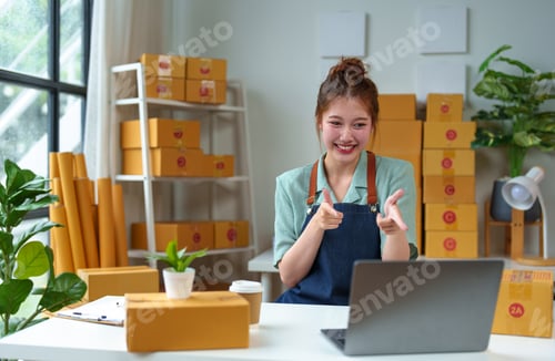 Preview: Startup, small business, SME owner, female entrepreneur working to pack parcels, showing happy expre