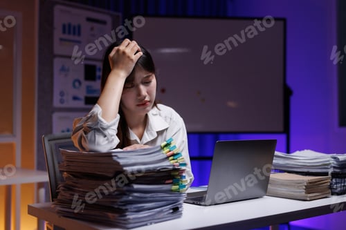 Preview: Overworked woman feeling stress and burnout at office