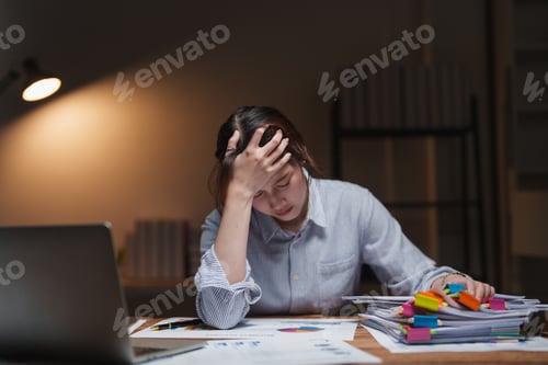 Preview: Young businesswoman feeling overwhelmed by work stress and exhaustion