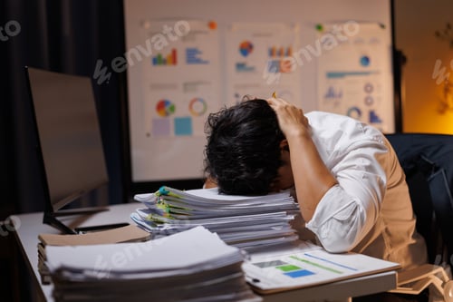 Preview: Overworked employee feeling stressed working late in office