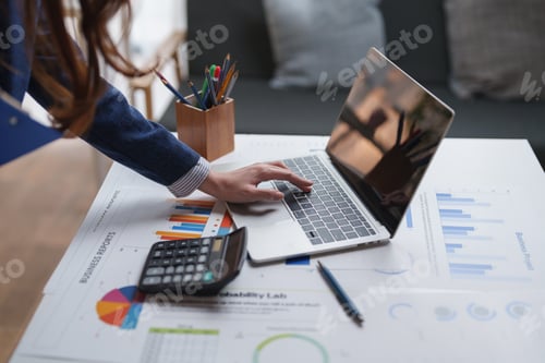 Preview: Businesswoman analyzing financial data using laptop and reports