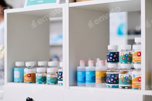 Preview: Vitamin Supplements and Antiseptic Products Displayed for Retail Sale