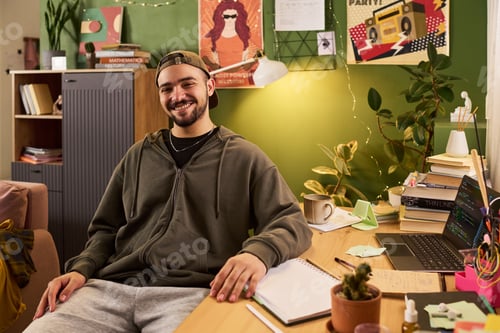 Preview: Portrait of Adult Man Studying at Home for Student Lifestyle
