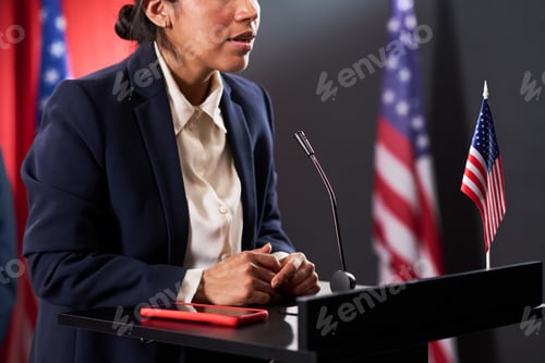 Preview: Hispanic Woman Speaking at Podium for Political Campaign
