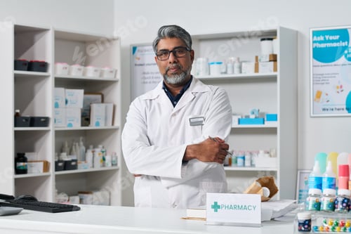 Preview: Portrait of Middle Aged Asian Pharmacist Standing in Pharmacy