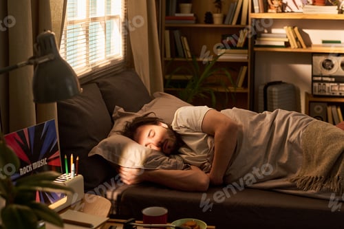Preview: Adult Man Sleeping on Sofa at Home during Afternoon Rest