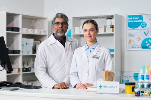 Preview: Portrait of Pharmacists Standing at Counter in Community Pharmacy