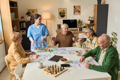 Preview: Senior Group Playing Cognitive Activity Game with Caregiver Support