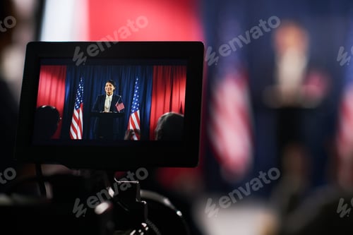 Preview: Woman Politician Speaking at Podium during Campaign Broadcast