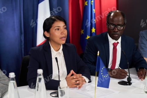 Preview: Woman Speaking at International Diplomatic Press Conference
