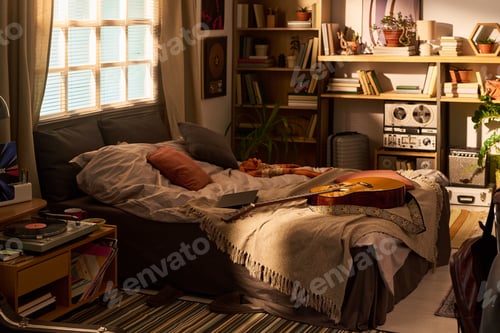 Preview: Cozy Bedroom Interior Showcasing Musician Lifestyle and Home Living