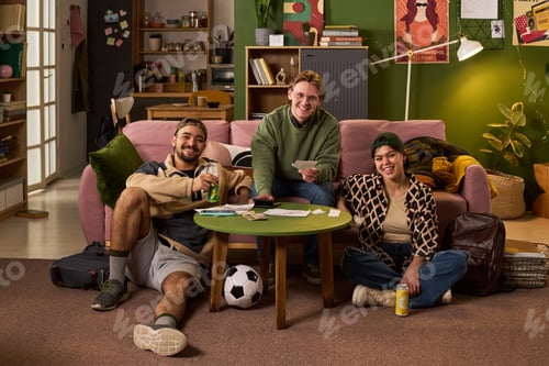 Preview: Portrait of Diverse Young People Relaxing in Shared Student Apartment